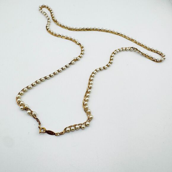 Signed Napier Gold Tone Faux Pearl Long Necklace Vintage Layered Rope Chain - Picture 7 of 12